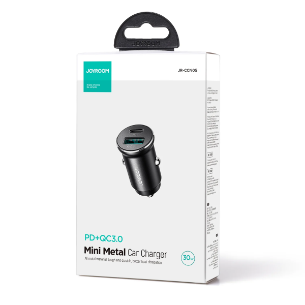 Cargador de Coche Metálico JOYROOM JR-CCN05 Mini – 30W, Doble Puerto (USB-A + USB-C)