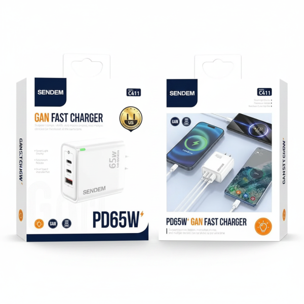 Cargador de pared 3 puertos Sendem C411 GaN (65W) - Imagen 3