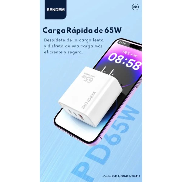 Cargador de pared 3 puertos Sendem C411 GaN (65W) - Imagen 2