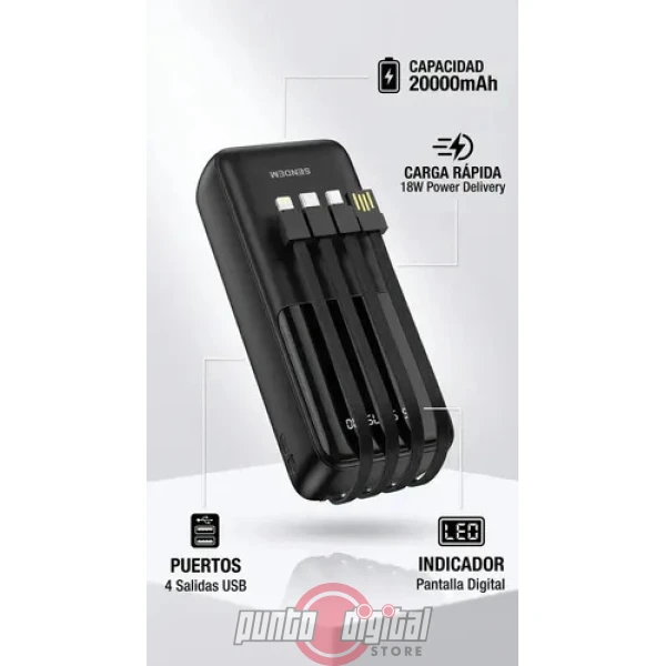 Power Bank Cargador portaitl Sendem P29  – Todo en Uno con 4 Cables Integrados - Imagen 3