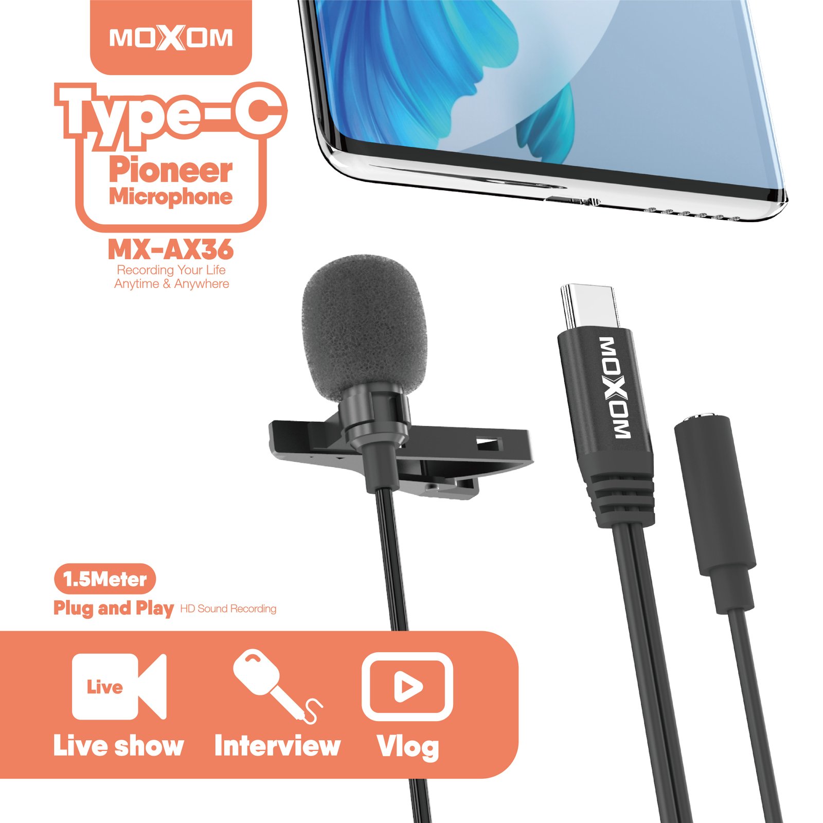 Microfono de solapa Moxom MX-AX36 Tipo C para grabacion HD - Imagen 3