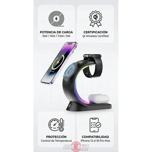 Cargador Inalámbrico 3 en 1 Sendem W38 con MagSafe y Luz RGB - Imagen 2