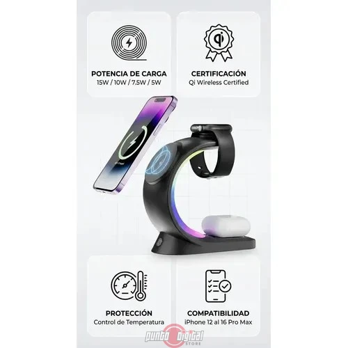 Cargador Inalámbrico 3 en 1 Sendem W38 con MagSafe y Luz RGB - Imagen 2