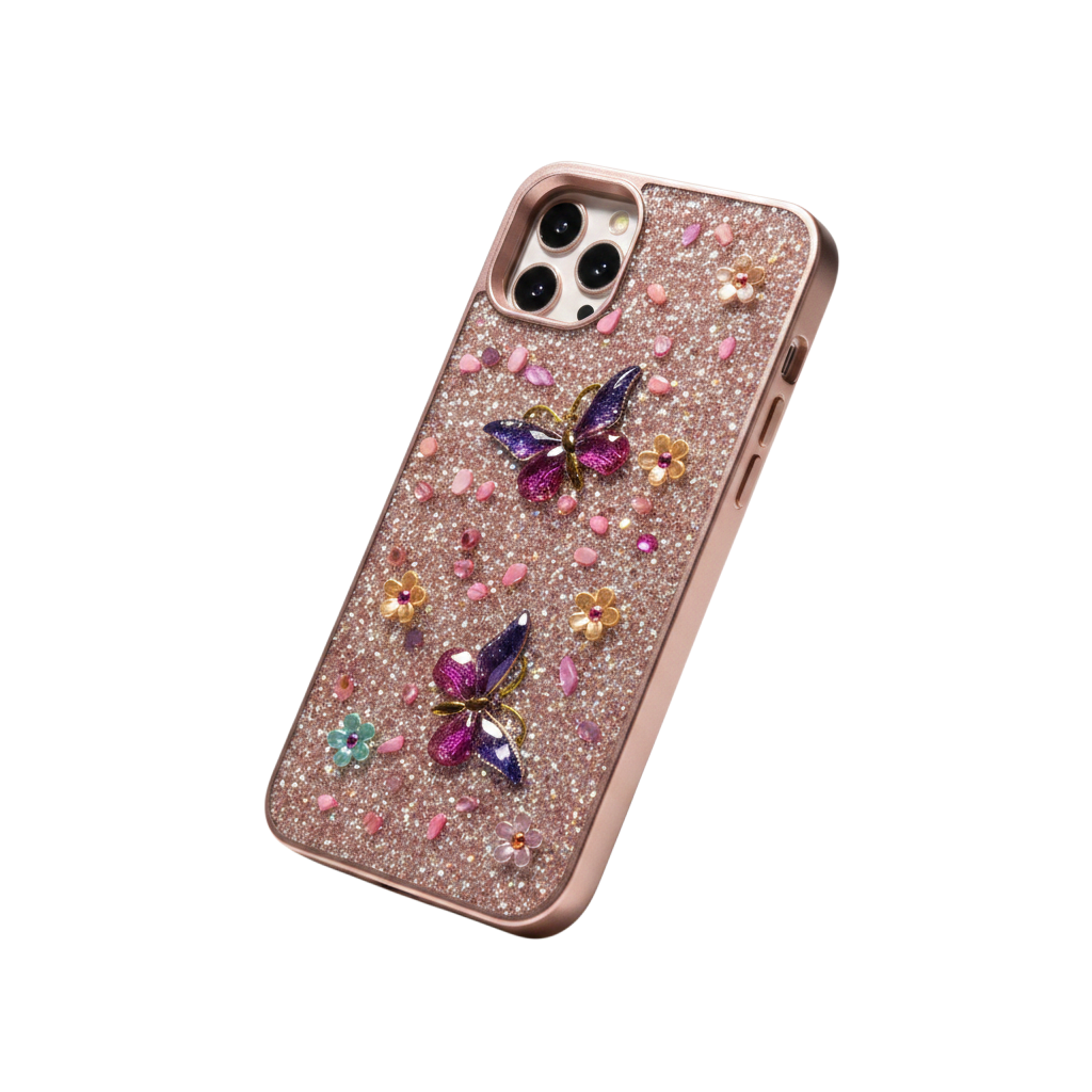 Estuche con Mariposas, Flores en Relieve y Pedrería para iPhone
