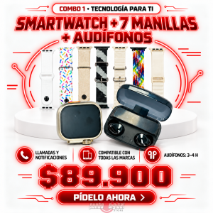 COMBO – SMARTWATCH ULTRA + 7 MANILLAS + AUDÍFONOS BLUETOOTH