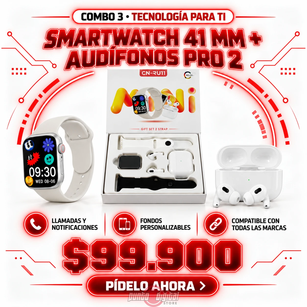 COMBO 3 – SMARTWATCH 41 MM (2 MANILLAS) + AUDÍFONOS PRO