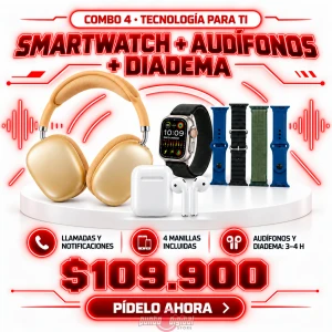 COMBO 4 – SMARTWATCH ULTRA 49 MM (4 MANILLAS) + AIRPODS + DIADEMA