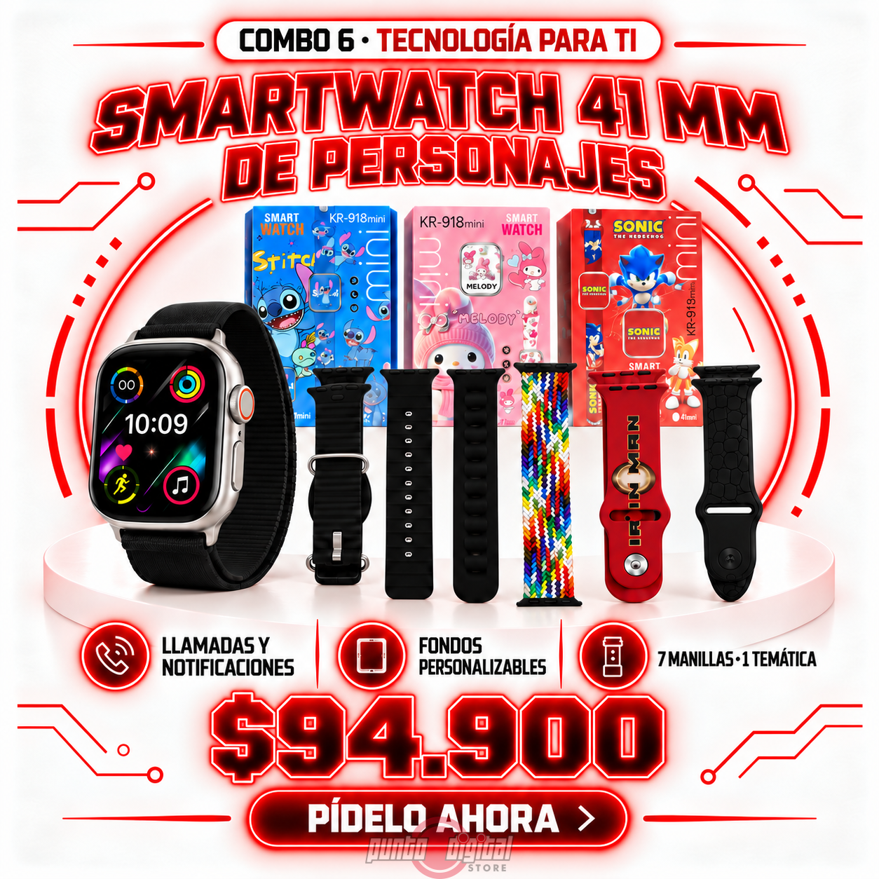 COMBO 6 – SMARTWATCH 41 MM + 7 MANILLAS (TEMÁTICA DE PERSONAJES)
