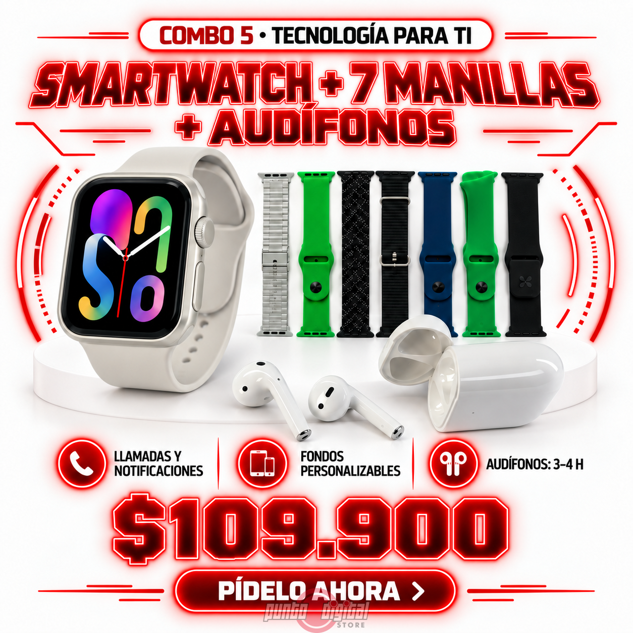 COMBO 5 – SMARTWATCH SERIE 10 (44 MM, 7 MANILLAS) + AUDÍFONOS