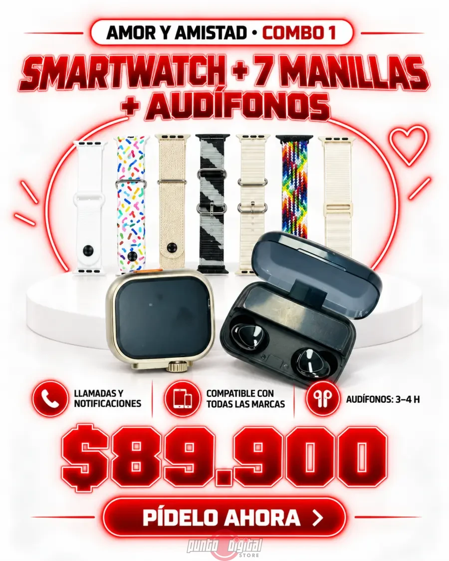 Smartwatch, siete manillas y audífonos Bluetooth