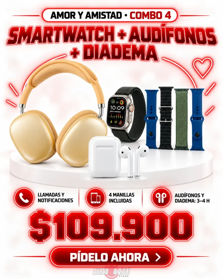 Smartwatch, cuatro manillas, audífonos y diadema Bluetooth dorada