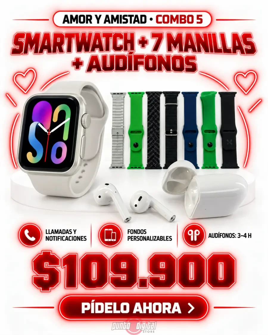Smartwatch, siete manillas y audífonos Bluetooth